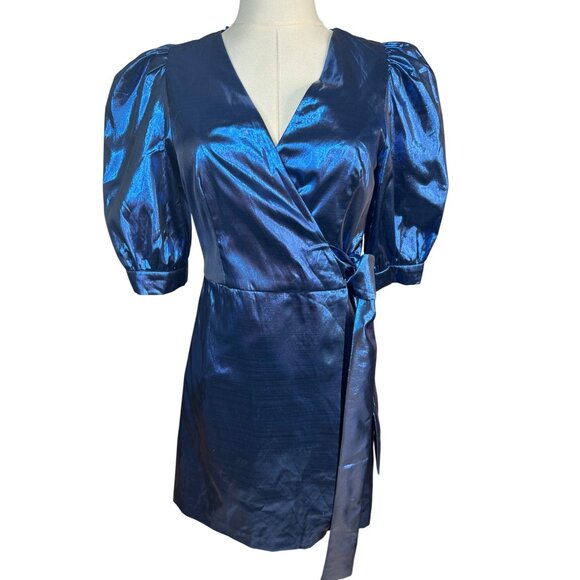 2/$30 ZARA Small Shiny Blue Puff Sleeve Wrap Dress - Picture 1 of 16